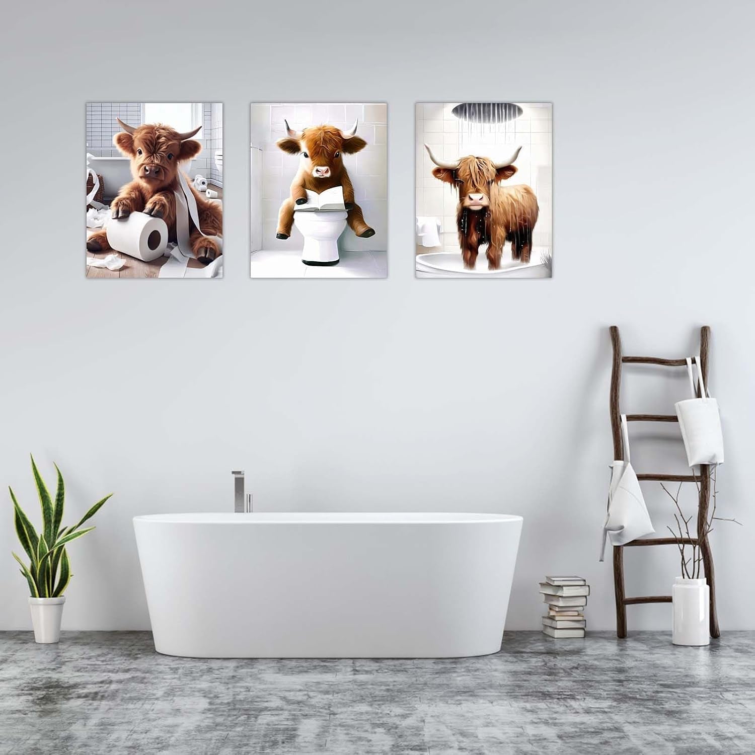 Highland Cow Bathroom Wall Art Set of 3 – Framed Canvas Pictures with Hooks, Funny Animal Artwork for Bathroom Decor, Wall Art for Bedroom or Toilet, 12X16 Inch Each
