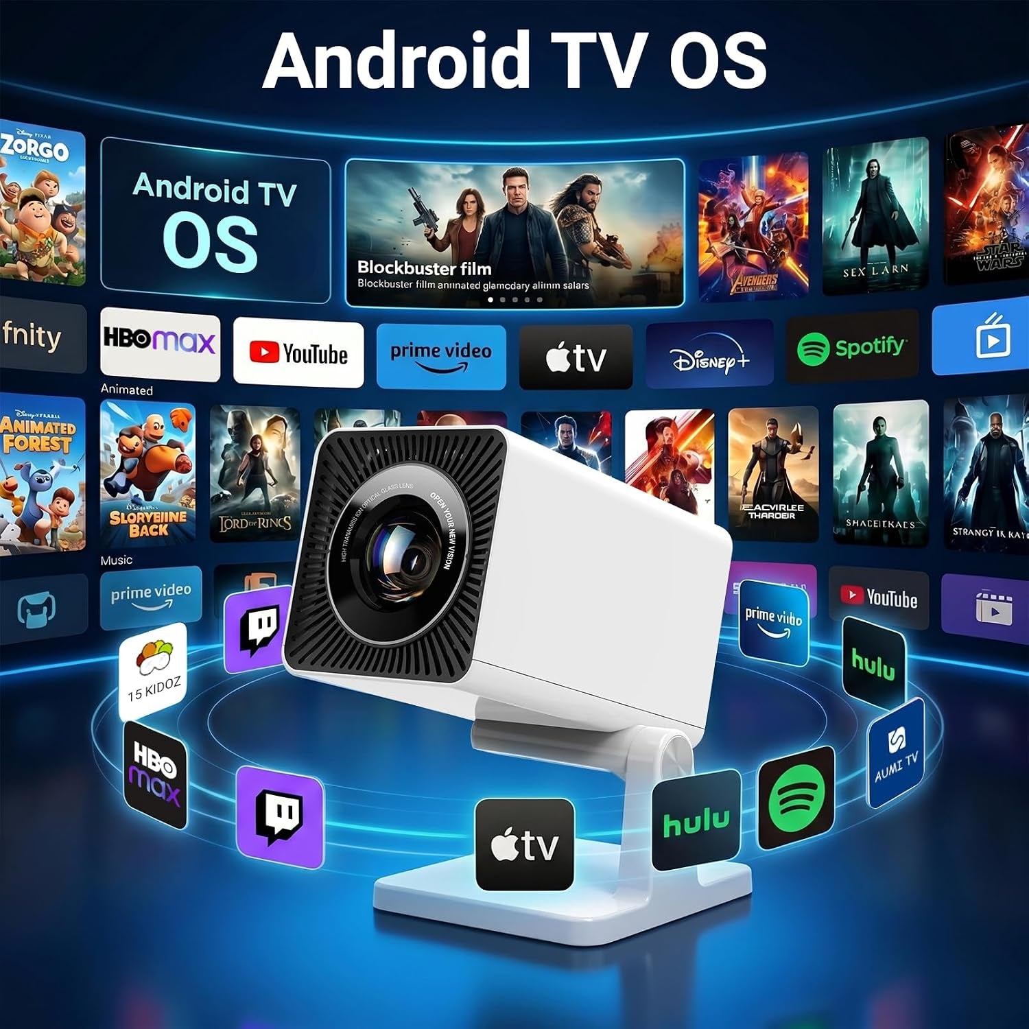 Mini Projector for Bedroom Ceiling, Smart Portable Projector with Android, Wifi & Bluetooth, 1080P Supported Home Cinema Projector for Movie Nights, Compatible with Iphone/Android
