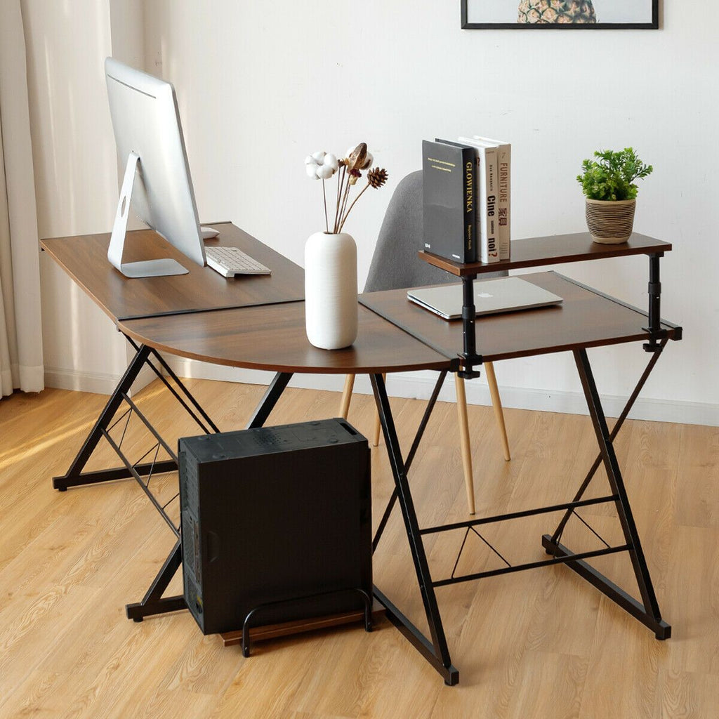 L-Shaped Corner Computer Desk with Monitor Stand and Host Tray