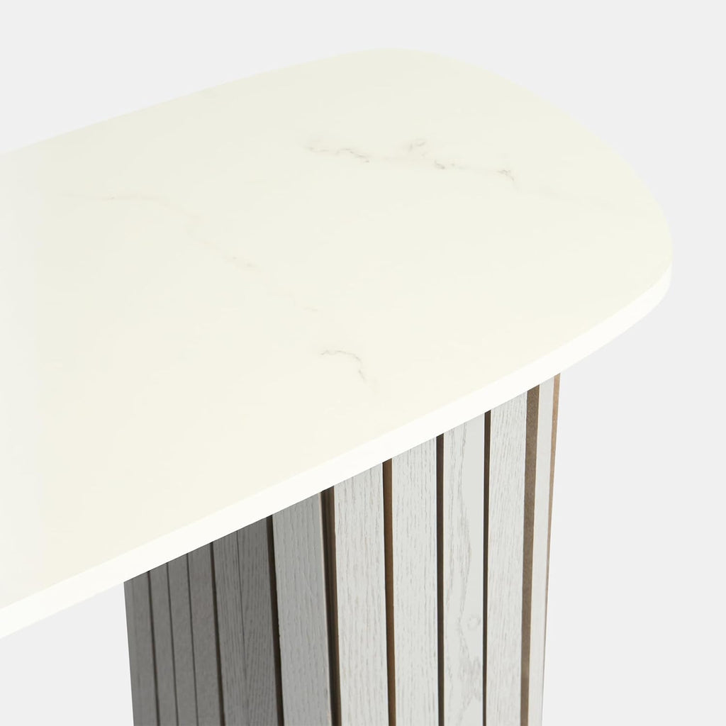 Wooden Console Hallway Table, White Marble Top Slim Console Table Grey Madison Ribbed Wood Frame Decorative Display Table for Living Room Entryway Small Spaces