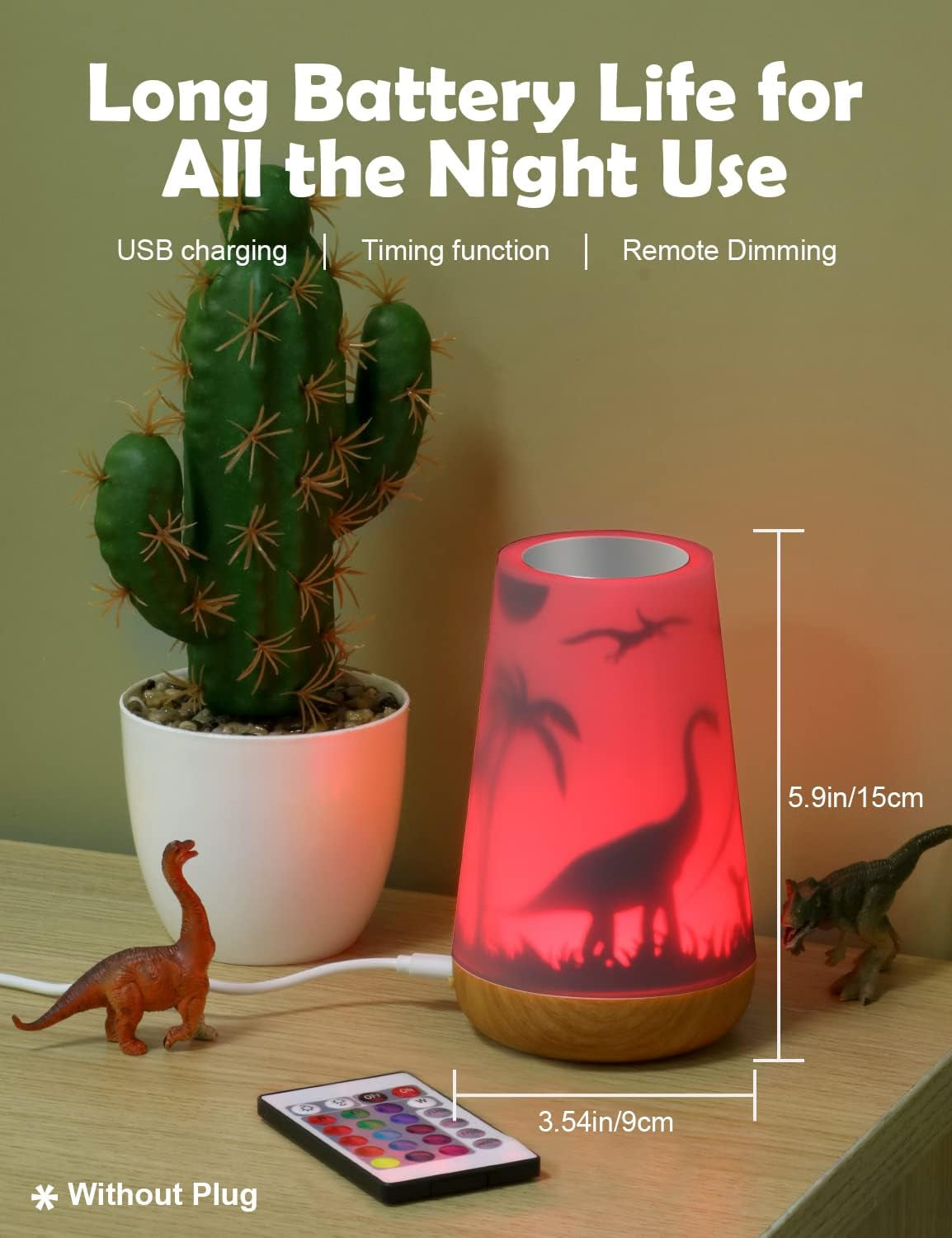Dinosaur Night Light Kids, Touch Remote Control 16 Colors | USB Rechargeable Bedside Lamp, Timer, Girls Baby Kids Bedroom Décor, Cute Birthday Gift Girls Boys