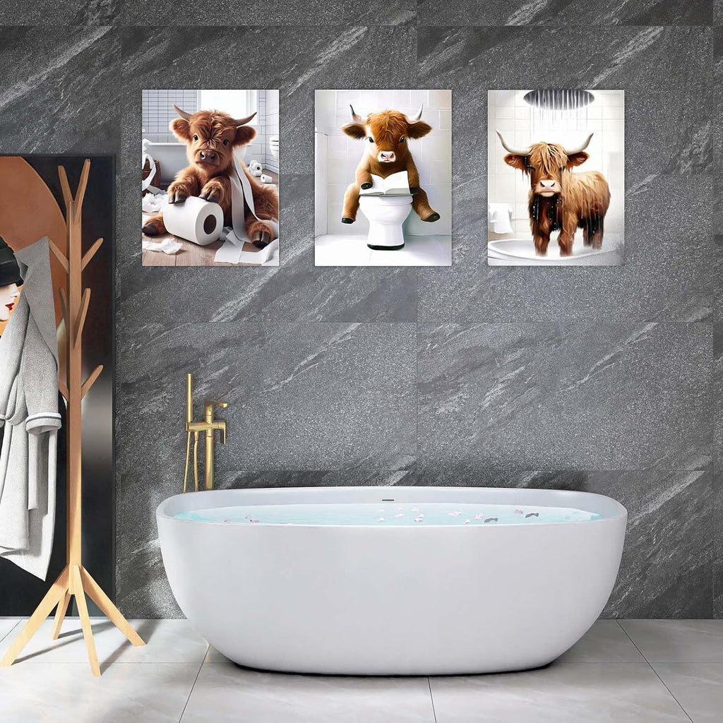 Highland Cow Bathroom Wall Art Set of 3 – Framed Canvas Pictures with Hooks, Funny Animal Artwork for Bathroom Decor, Wall Art for Bedroom or Toilet, 12X16 Inch Each