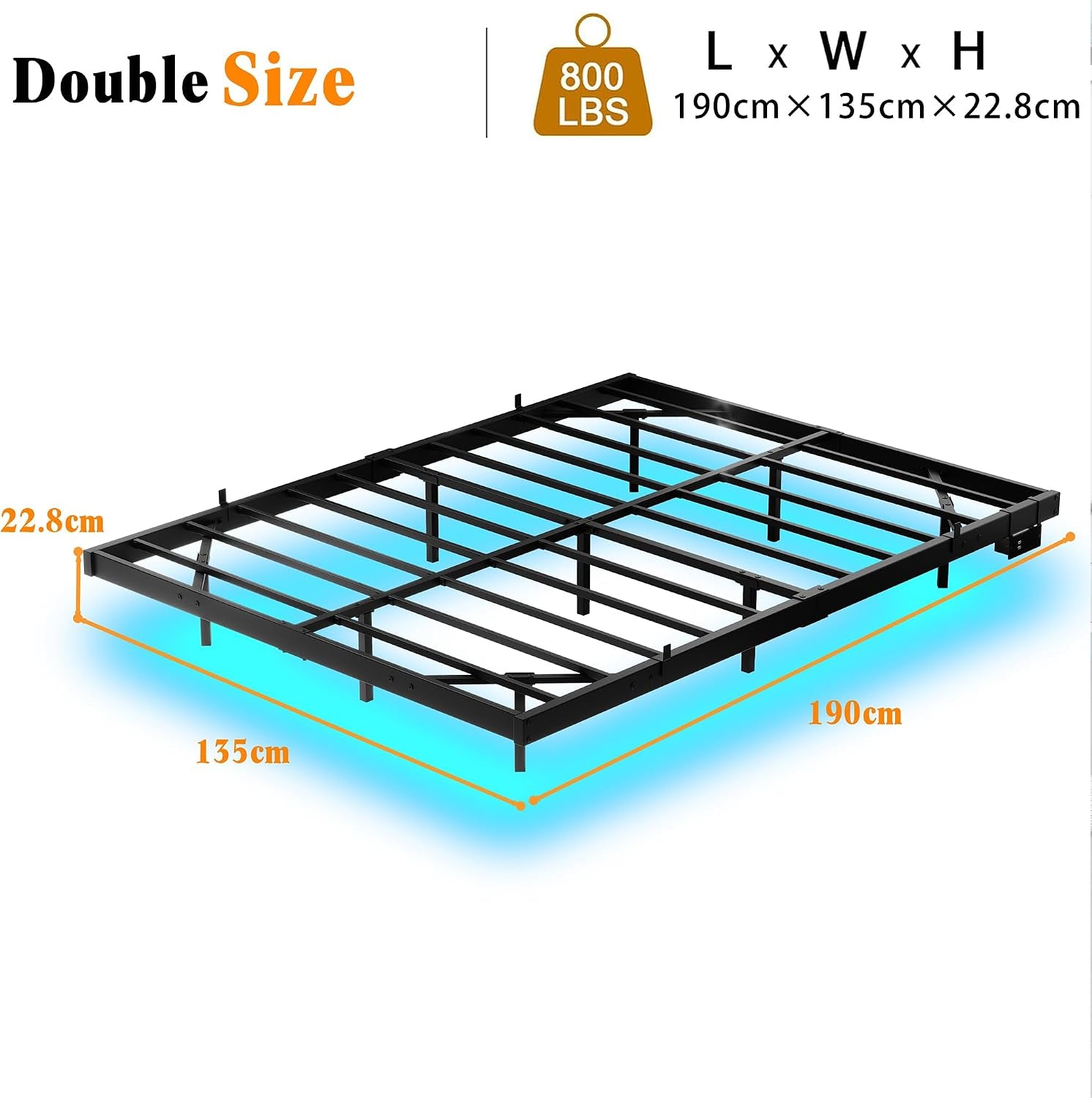 Double Bed Frame Floating Bed Frame with LED Lights,4Ft6 Metal Platform Bed Frame Double Size Bed Base with Charging Station,Reinforced Steel Slats/Under-Bed Storage/Noise Free/Black