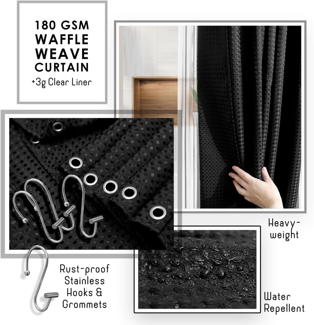Bathroom Accessories Set - Bathroom Accessory Set with Shower Curtain Set, Toilet Brush, Trash Can & Soap Dispenser (Black, Complete Set)