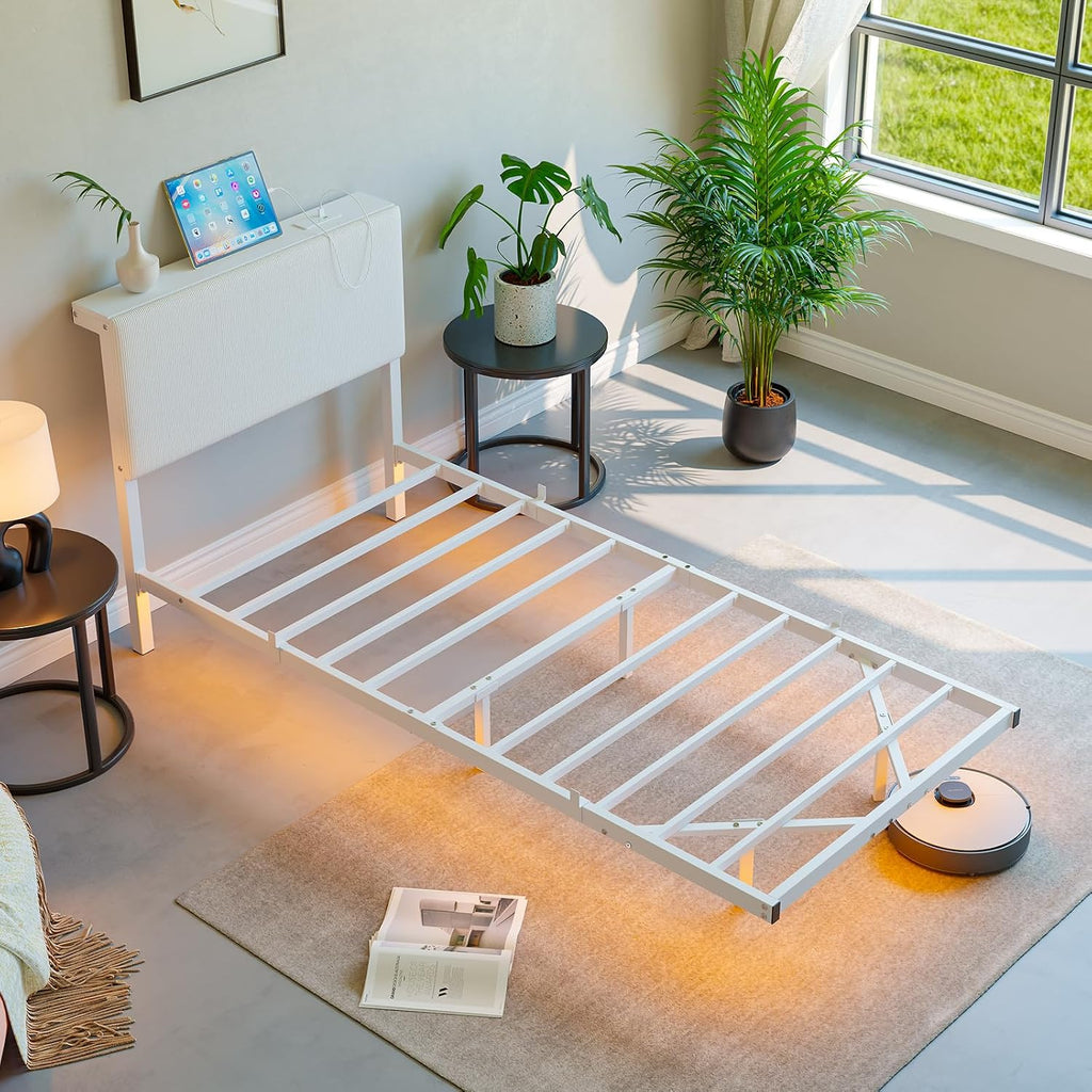 Floating Single Bed Frame with LED Light,90X200 Bed,White | 3Ft Single Bed Frame with Charging Station with Charging Station,Upholstered Bed Frames Single Size Bed with Storage