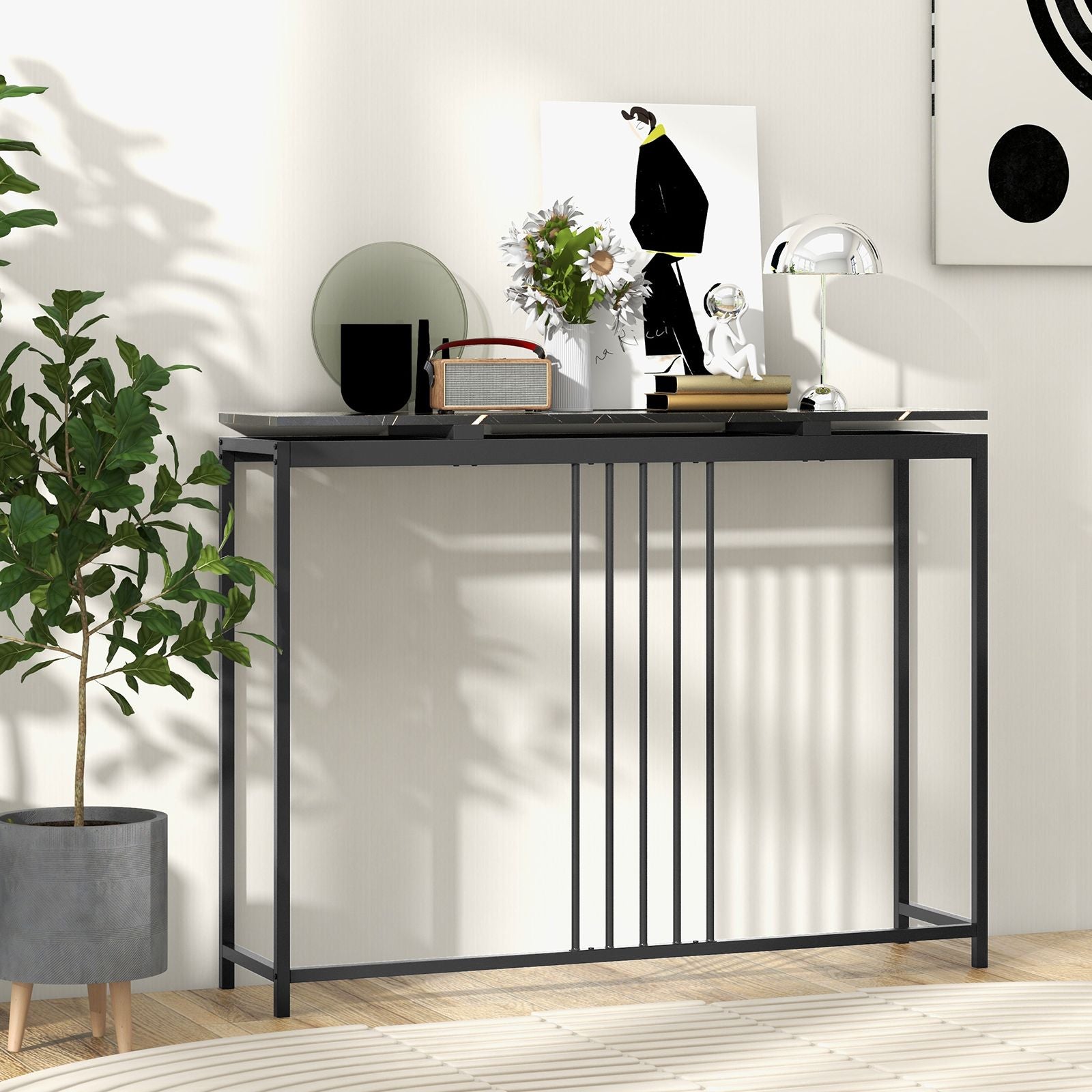 120Cm Console Table Narrow Entryway Table with Faux Marble Tabletop