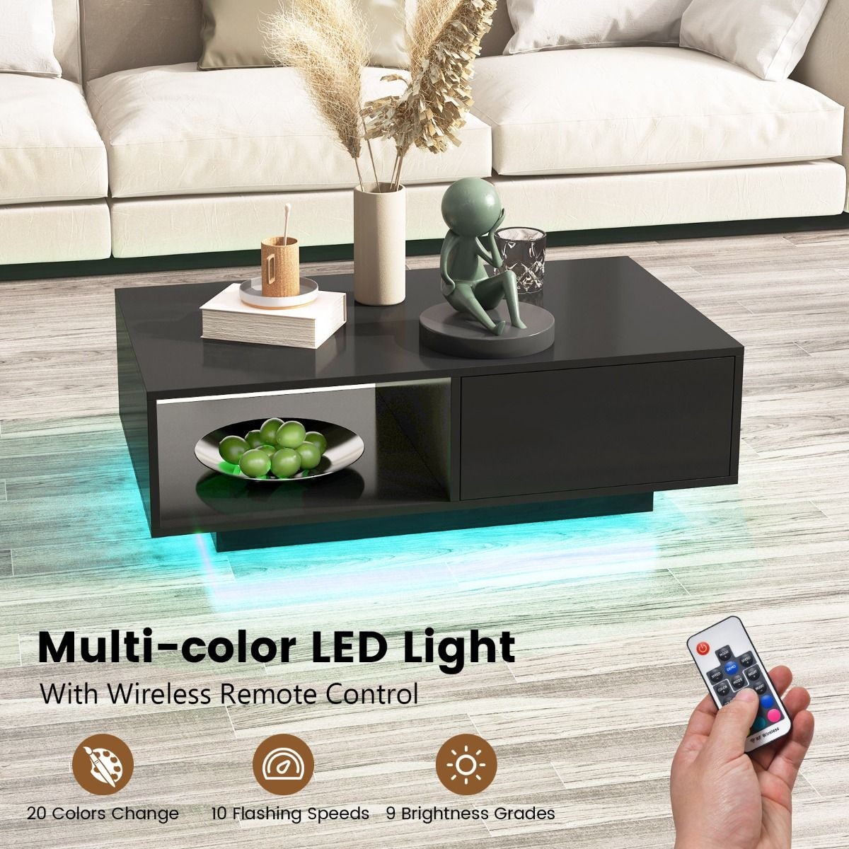 LED Coffee Table with 20 RGB Light Colors and Storage Shelf