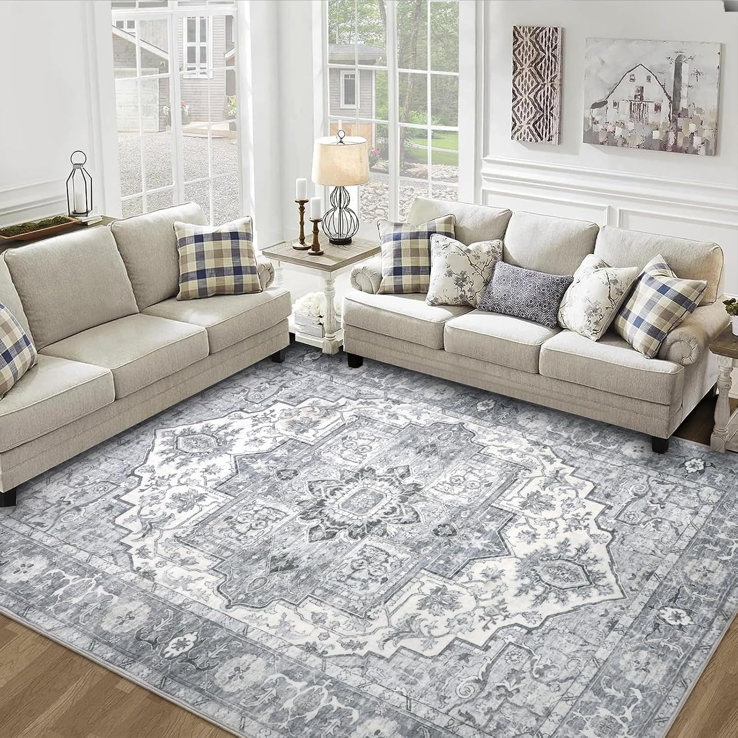 Vintage Living Room Rug 160X230Cm Washable Rug for Living Room Non Slip Floor Carpet Large Floor Mat for Dining Room Kitchen(Grey)
