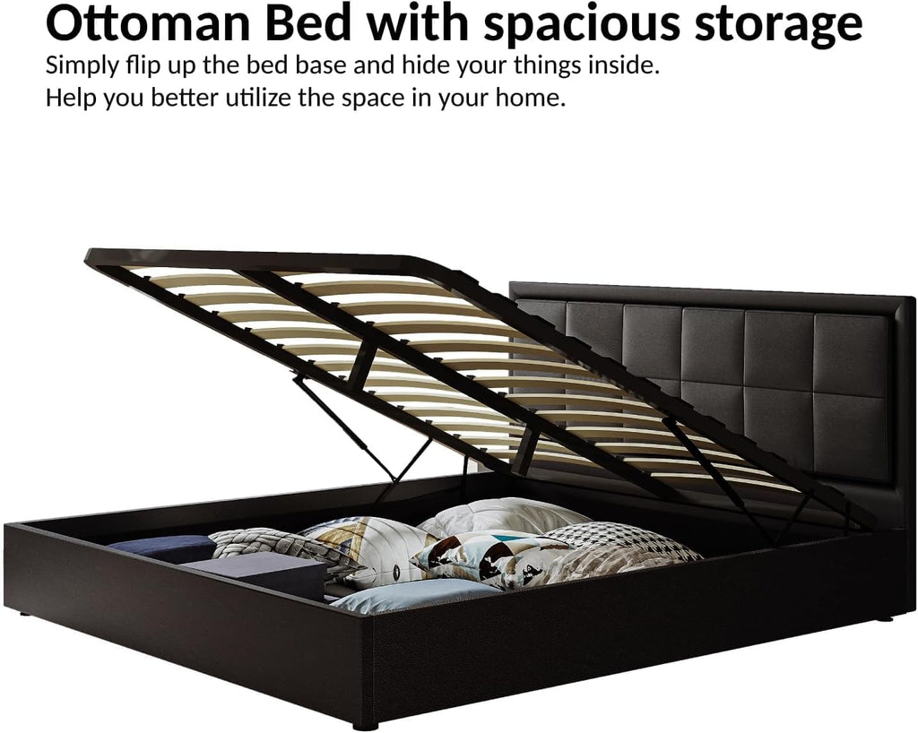 Ottoman Bed,4Ft Upholstered Bed Ottoman Lift Storage Bed with LED Lights | Small Double Bed Frame Faux Leather Storage Bed Frame under Bed Storage Bedroom Furniture,Black