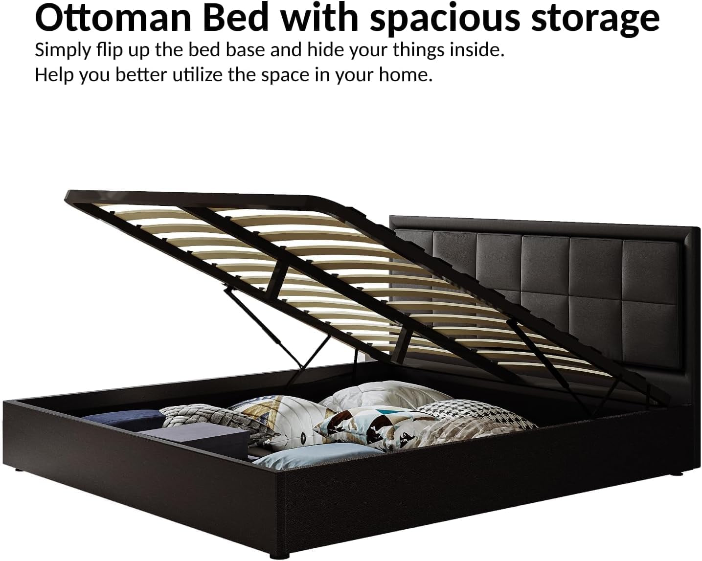 Ottoman Bed,4Ft Upholstered Bed Ottoman Lift Storage Bed with LED Lights | Small Double Bed Frame Faux Leather Storage Bed Frame under Bed Storage Bedroom Furniture,Black
