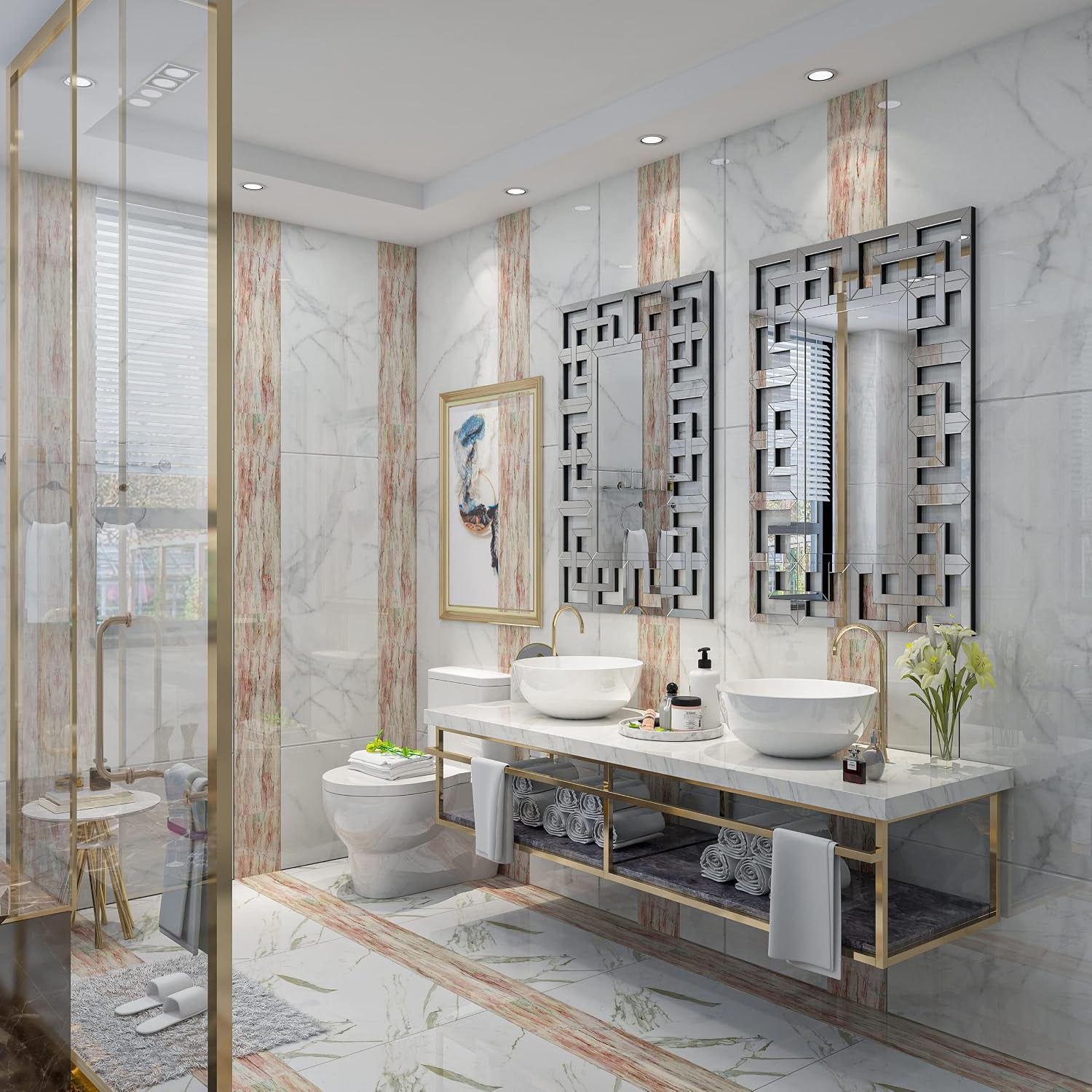 Decorative Mirror for Wall: 100X70 Cm Rectangular Large Silver Vanity with Beveled Glass Grecian Venetian Frame Edge Home Art Modern Accent Decor Bathroom Bedroom Living Room