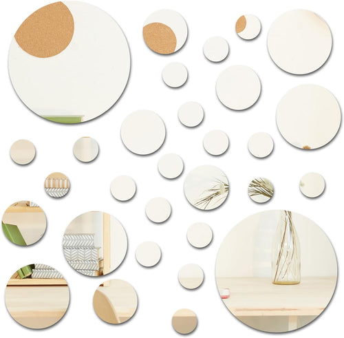 30Pcs Small Mirror round Adhesive Circle Mirrors for Wall Decor 6" 3" 2" 1" Peel and Stick Acrylic Stick on Circular Mirrors Tiles for Wall Mirror Stickers for Bathroom Living Room Bedroom, 4 Sizes