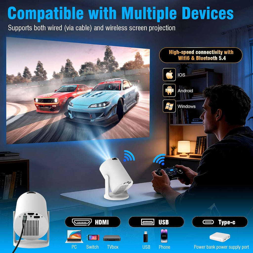 Ultimate 4K Mini Projector with 360° Rotation, Portable Smart Projector for Bedroom & Home Cinema, Wifi6, Bluetooth, Built-In Apps, Short Throw Projector & USB-C Power Bank Compatible