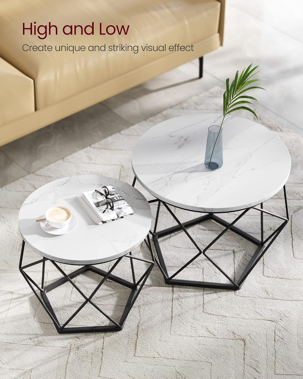 round Coffee Table, Set of 2, Side Table, Sofa End Table, Modern Style, Removable Top, Steel Frame, for Living Room, White and Black LET040B59