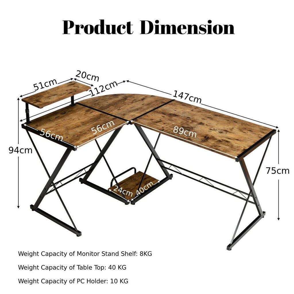 L-Shaped Corner Computer Desk with Monitor Stand and Host Tray