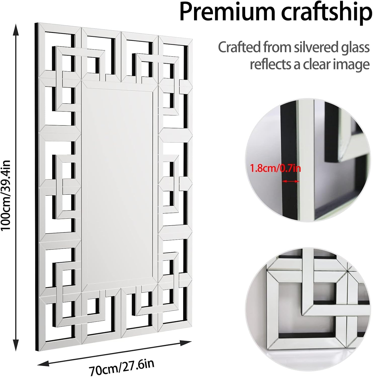 Decorative Mirror for Wall: 100X70 Cm Rectangular Large Silver Vanity with Beveled Glass Grecian Venetian Frame Edge Home Art Modern Accent Decor Bathroom Bedroom Living Room