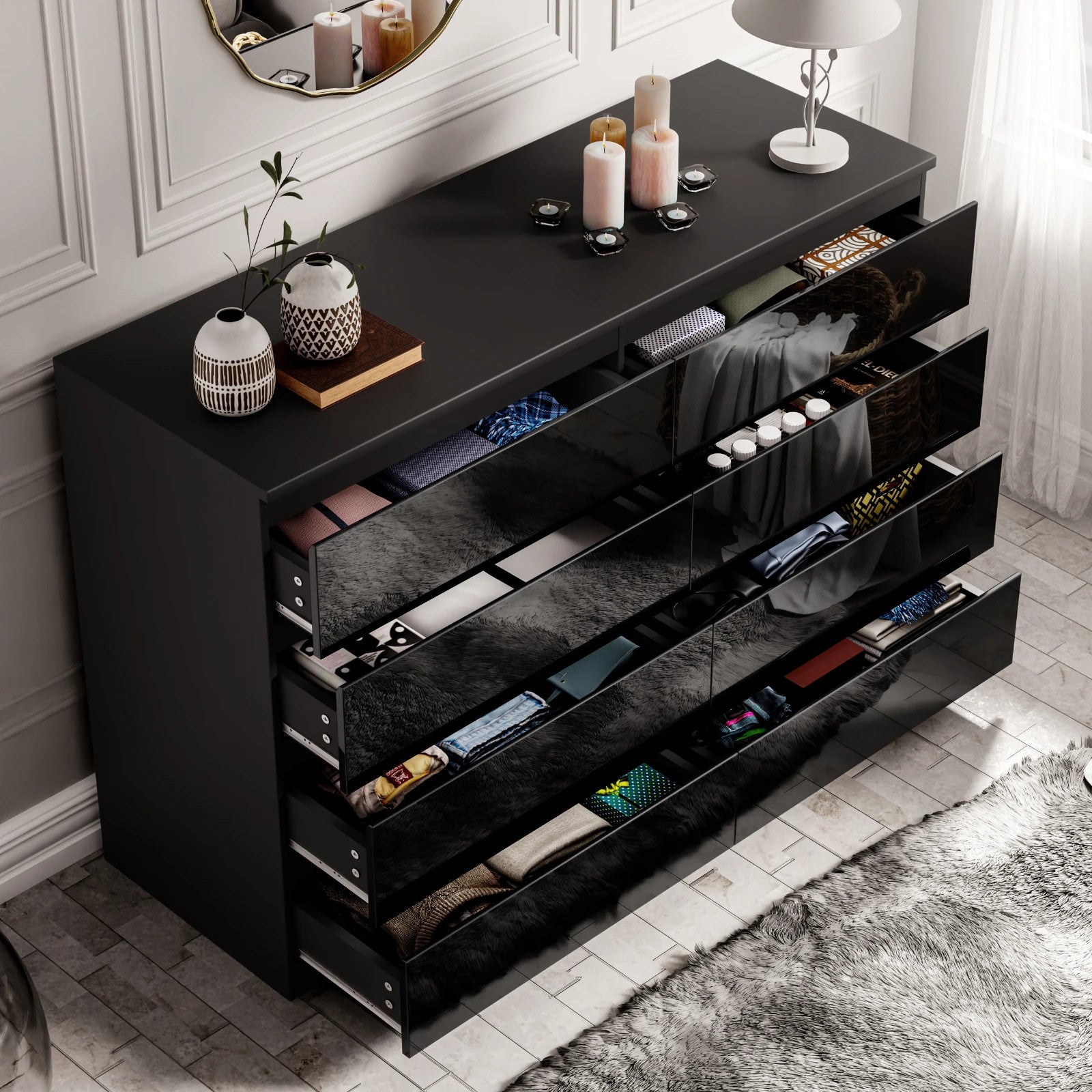 High Gloss Chest of Drawers Bedside Cabinet Tall Wide Storage Bedroom Furniture
