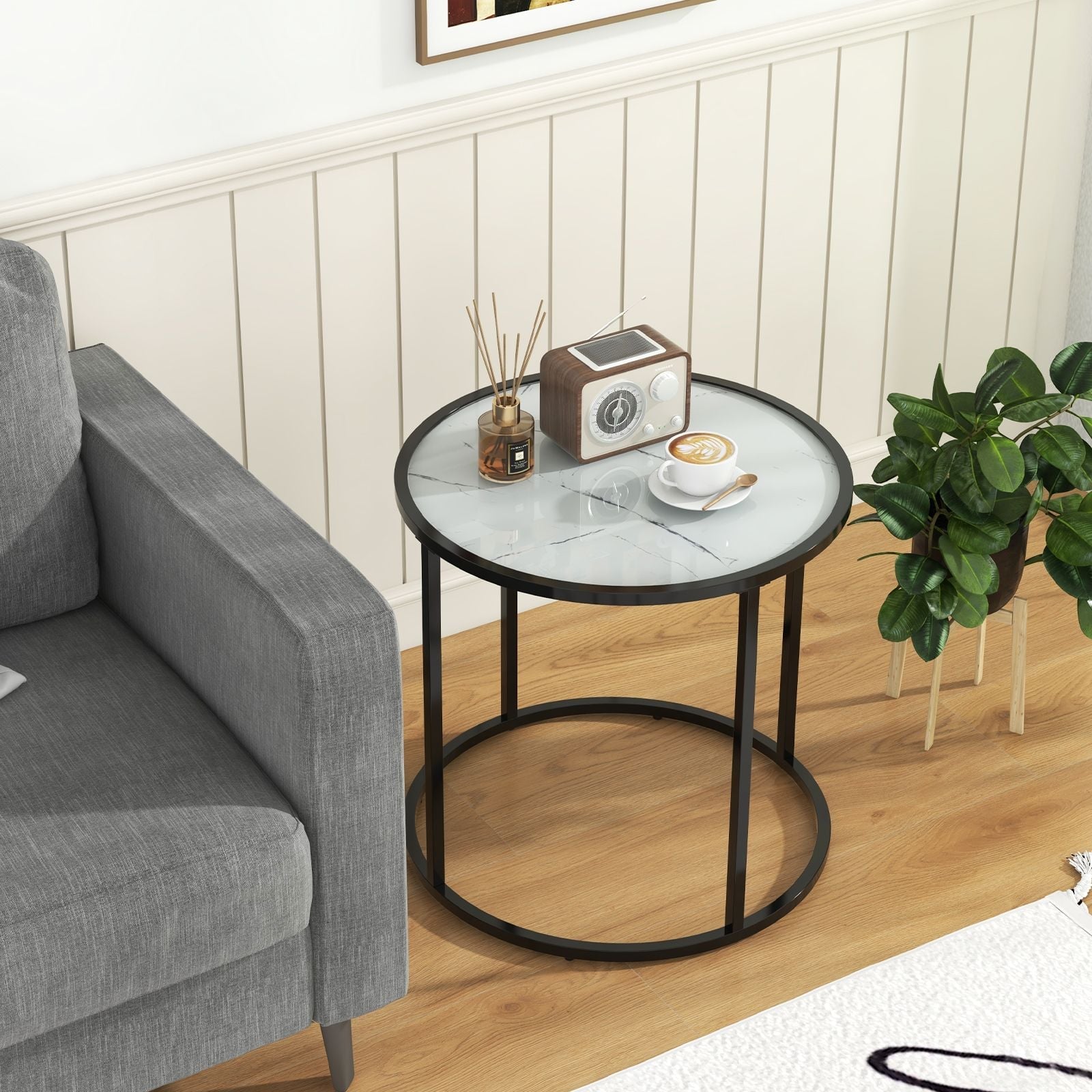 50CM round Side Table with Metal Frame and Faux Marble Glass Top