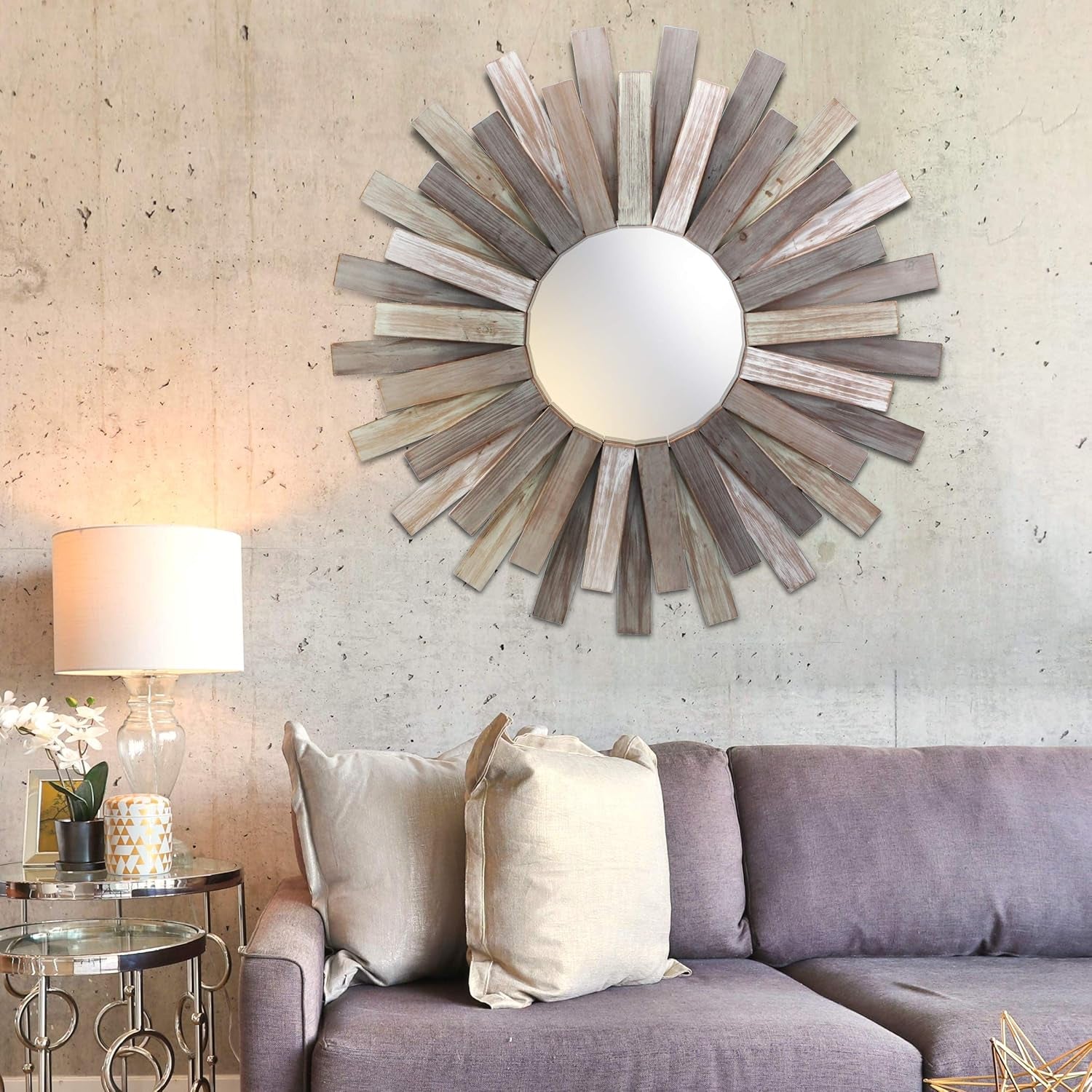 Large round 31.3" Wooden Sunburst Hanging Wall Mirror with Attached Hanging Bracket