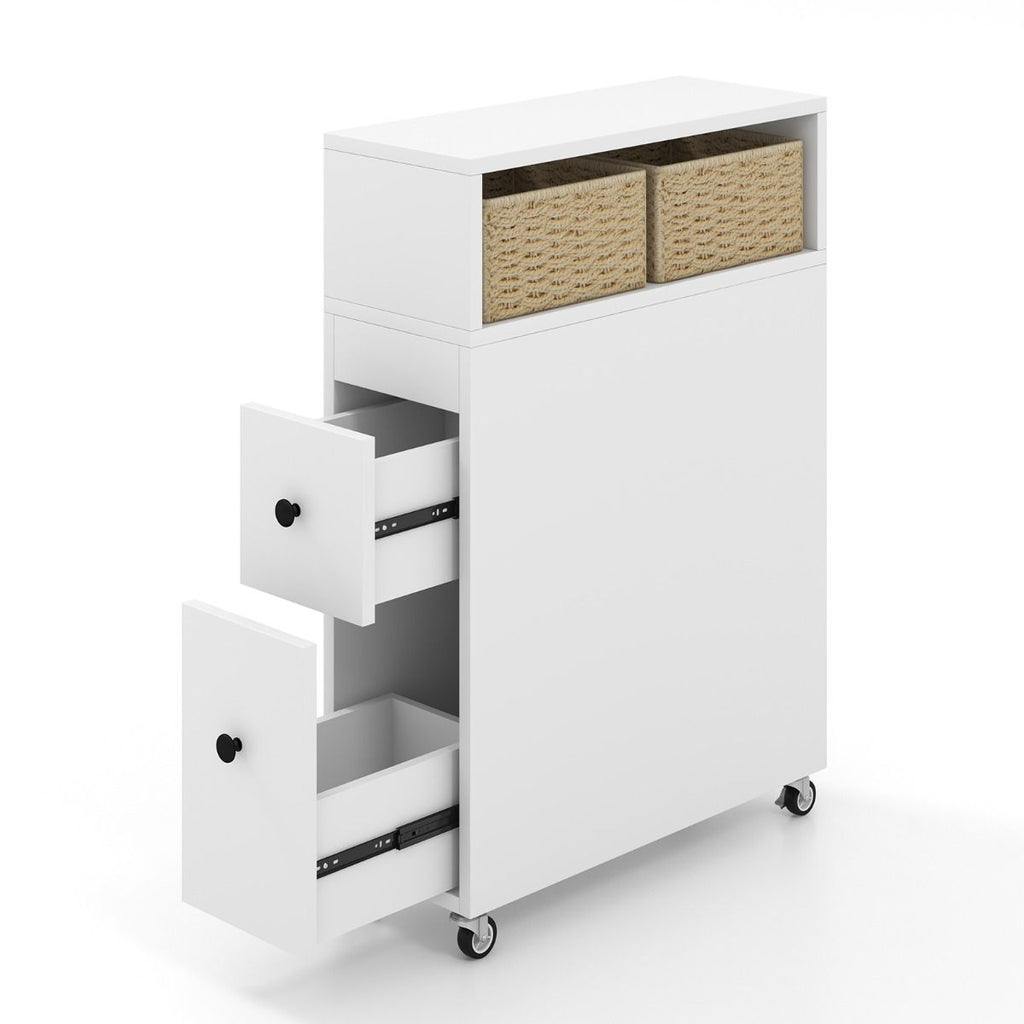 Slim Bathroom Storage Cabinet Movable with 2 Drawers and Baskets