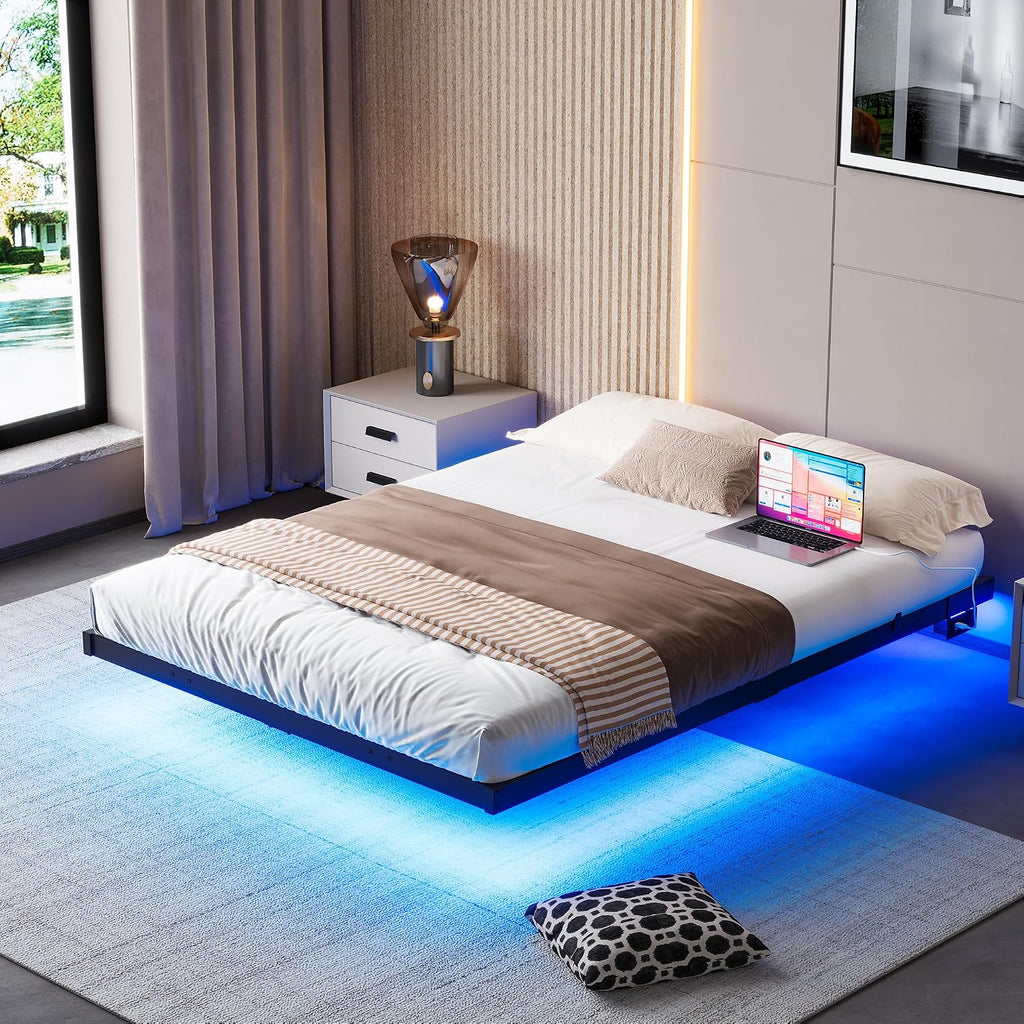 Double Bed Frame Floating Bed Frame with LED Lights,4Ft6 Metal Platform Bed Frame Double Size Bed Base with Charging Station,Reinforced Steel Slats/Under-Bed Storage/Noise Free/Black