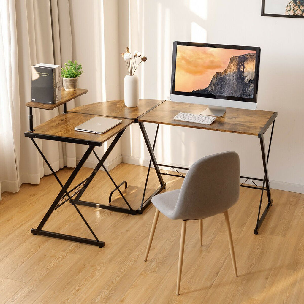 L-Shaped Corner Computer Desk with Monitor Stand and Host Tray