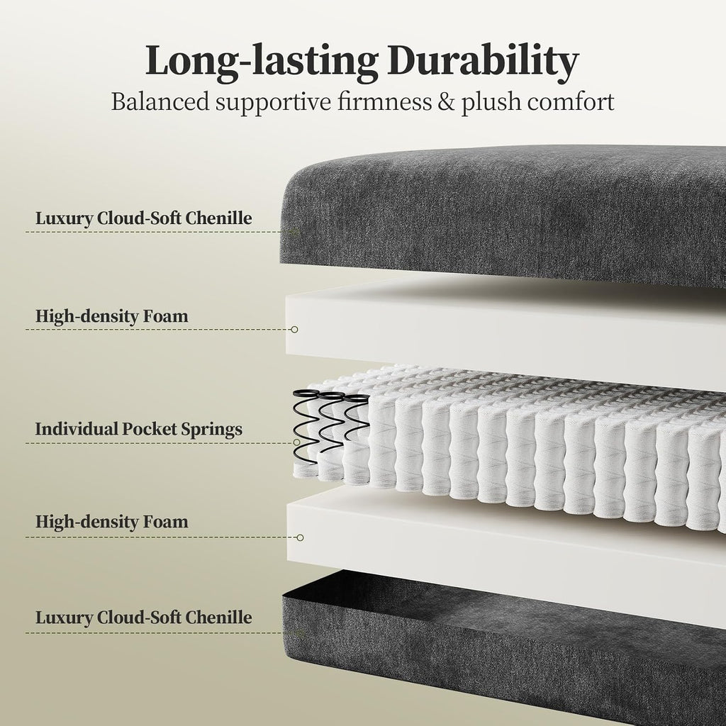275Cm Curved Corner Sofa Grey, Chenille Boneless Cloud Sofa | Ergonomic, 72Cm Deep Seat, Durability, High-Density Foam, Pocket Springs, Supportive Comfort, Assembly-Free, Custom Layouts