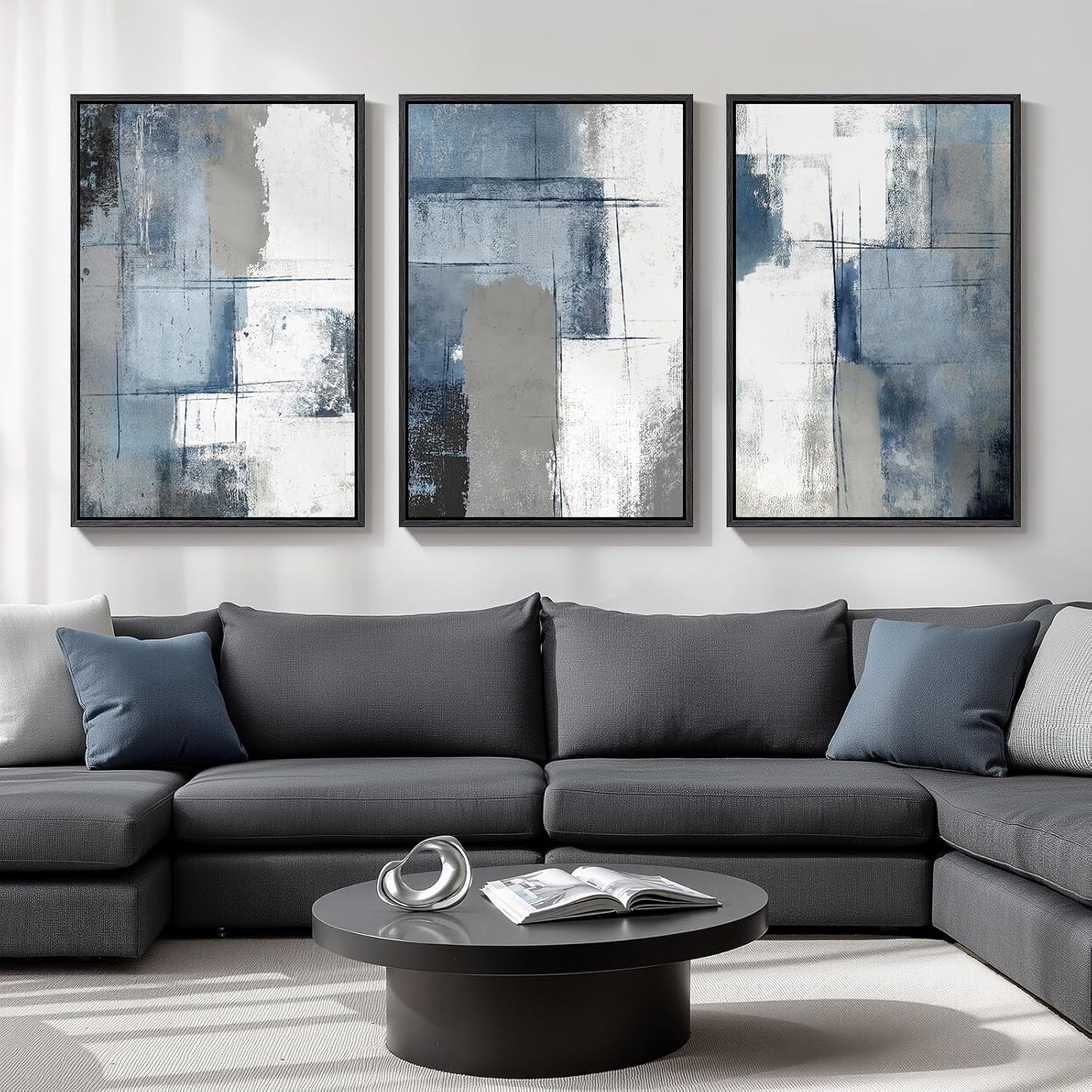 Large Framed Navy Blue and Grey Abstract Wall Art for Living Room, 3 Piece Modern Canvas Prints Paintings Artwork for Walls, Minimalist Abstract Pictures Wall Decor for Hallway Office Bedroom 24X36 In