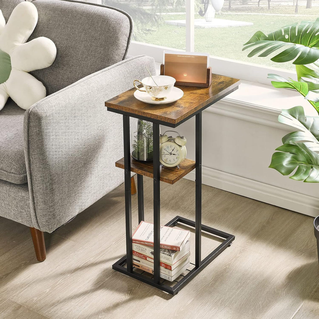 C-Shaped End Table Set of 2, Side Table for Sofa and Bed, Coffee Table for Small Spaces, Living Room, Bedroom, Industrial Small Table with Storage Shelf and Metal Frame, Rustic Brown, HST004H-2