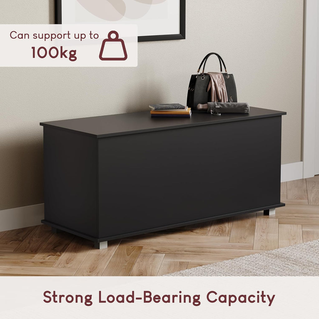 Leon Storage Ottoman, Wood in Black, 100X40X48Cm - Storage Ottoman with Lift-Up Lid, Ideal for Toys, Bedding & Footstool Use