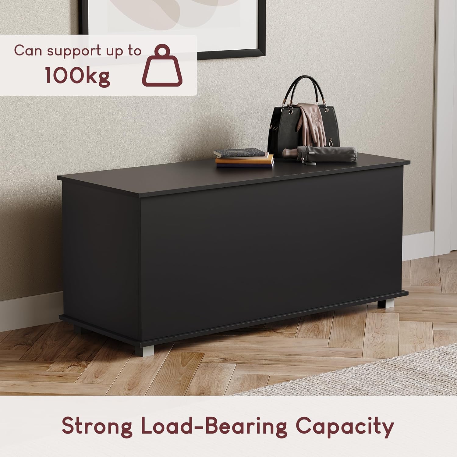 Leon Storage Ottoman, Wood in Black, 100X40X48Cm - Storage Ottoman with Lift-Up Lid, Ideal for Toys, Bedding & Footstool Use