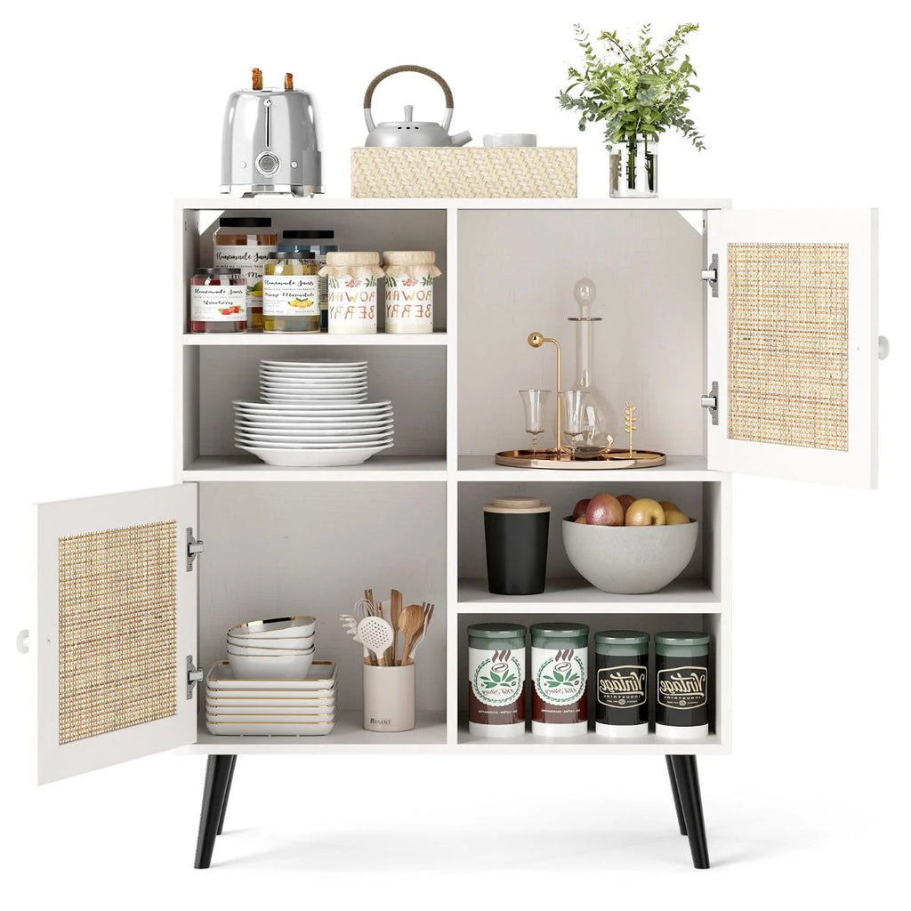 Rattan Sideboard Buffet Cabinet with 4 Cubbies and 2 Rattan-Decorated Doors