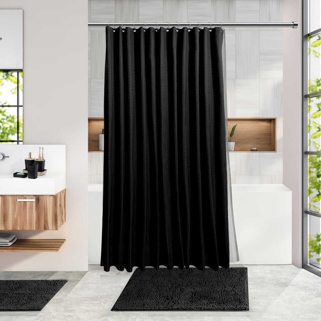 Bathroom Accessories Set - Bathroom Accessory Set with Shower Curtain Set, Toilet Brush, Trash Can & Soap Dispenser (Black, Complete Set)