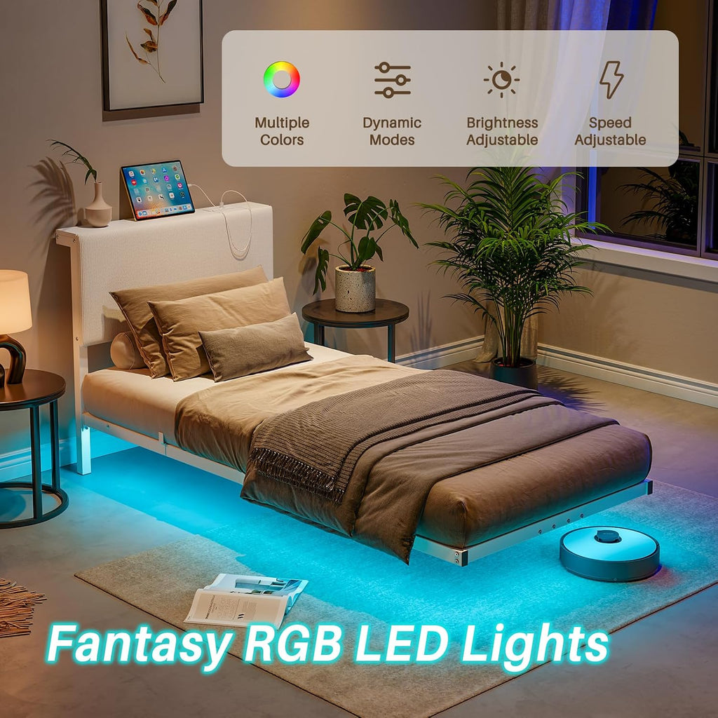 Floating Single Bed Frame with LED Light,90X200 Bed,White | 3Ft Single Bed Frame with Charging Station with Charging Station,Upholstered Bed Frames Single Size Bed with Storage
