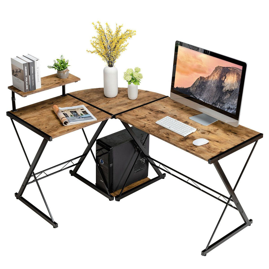 L-Shaped Corner Computer Desk with Monitor Stand and Host Tray