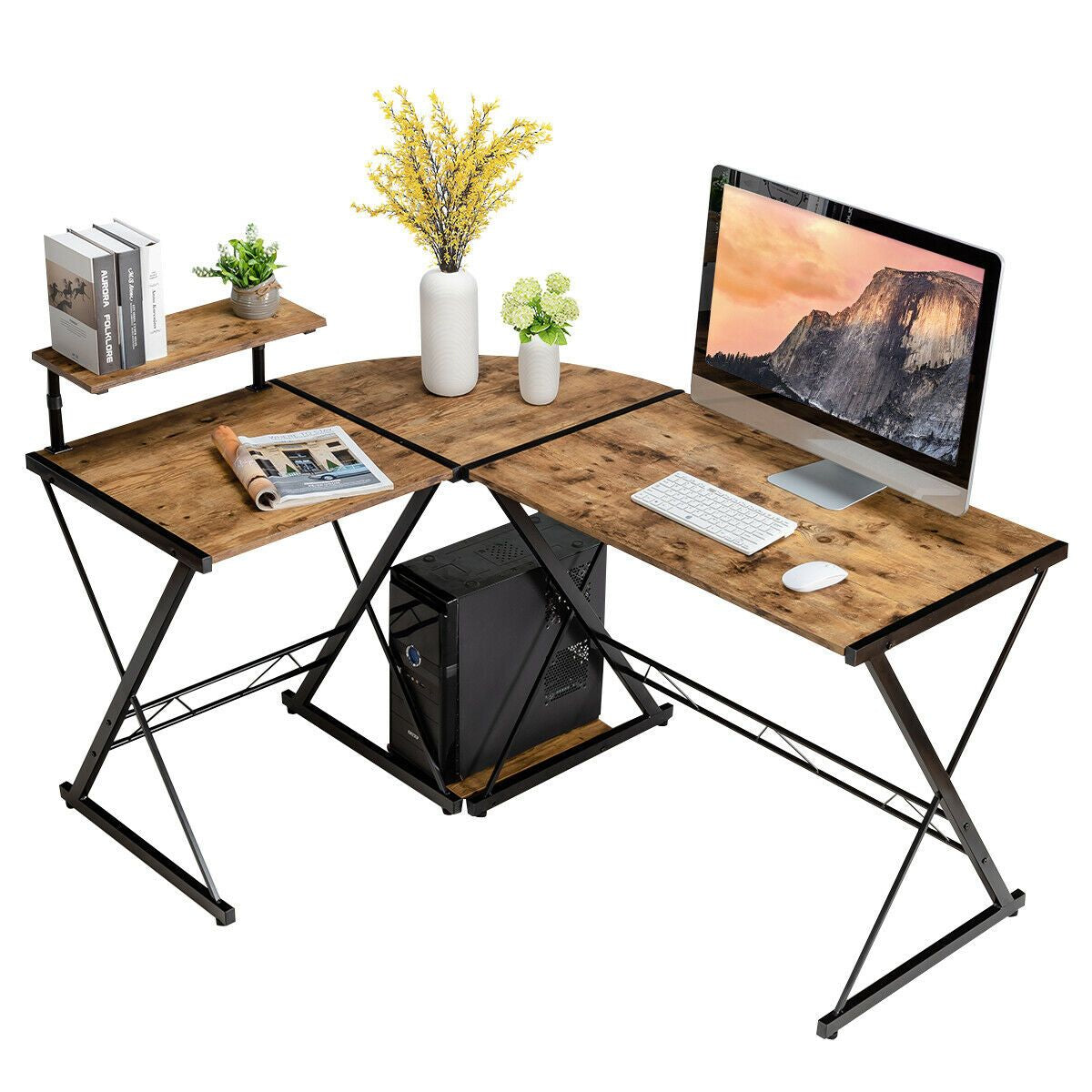 L-Shaped Corner Computer Desk with Monitor Stand and Host Tray