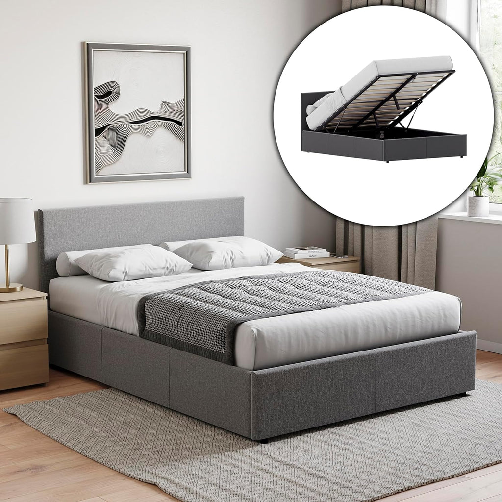 Veronica Double Ottoman Bed Frame | Dark Grey Linen | 82 H X 144 W X 200 D Cm (4Ft6) | Upholstered Linen Headboard | Gas-Lift | Large Storage | Slatted Base | Premium Bedroom Furniture