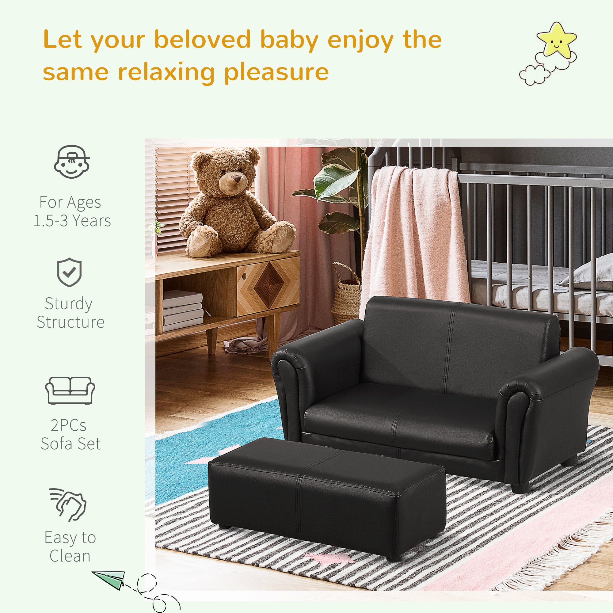 Kids Sofa Set, 2 Seater Children Armchair Furniture with Footrest