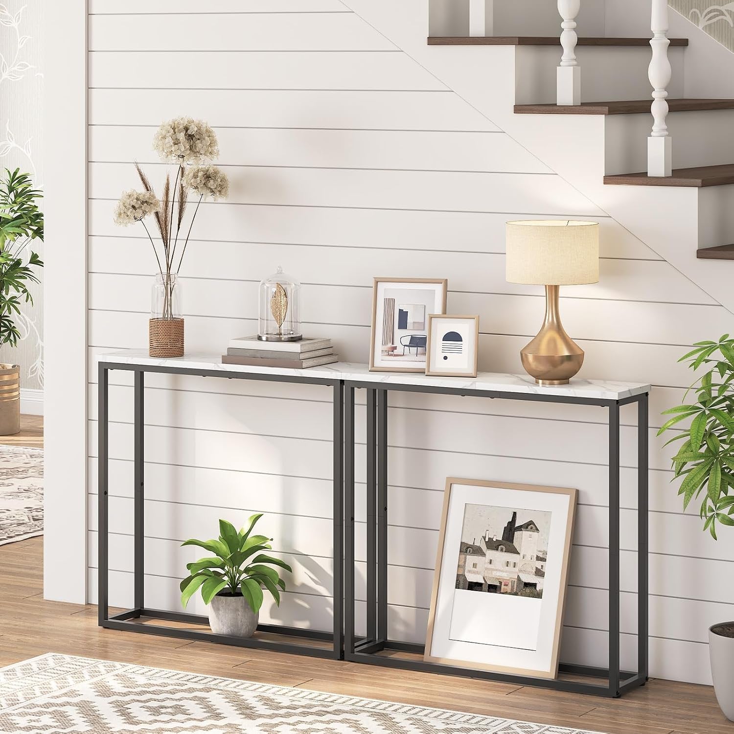 Console Table, Narrow Console Table for Hallway Slim, Hallway Table, Small Sofa Table for Small Spaces, Living Room, Entrance, Bedroom, Metal Frame, Marble, Black EBM76XG01
