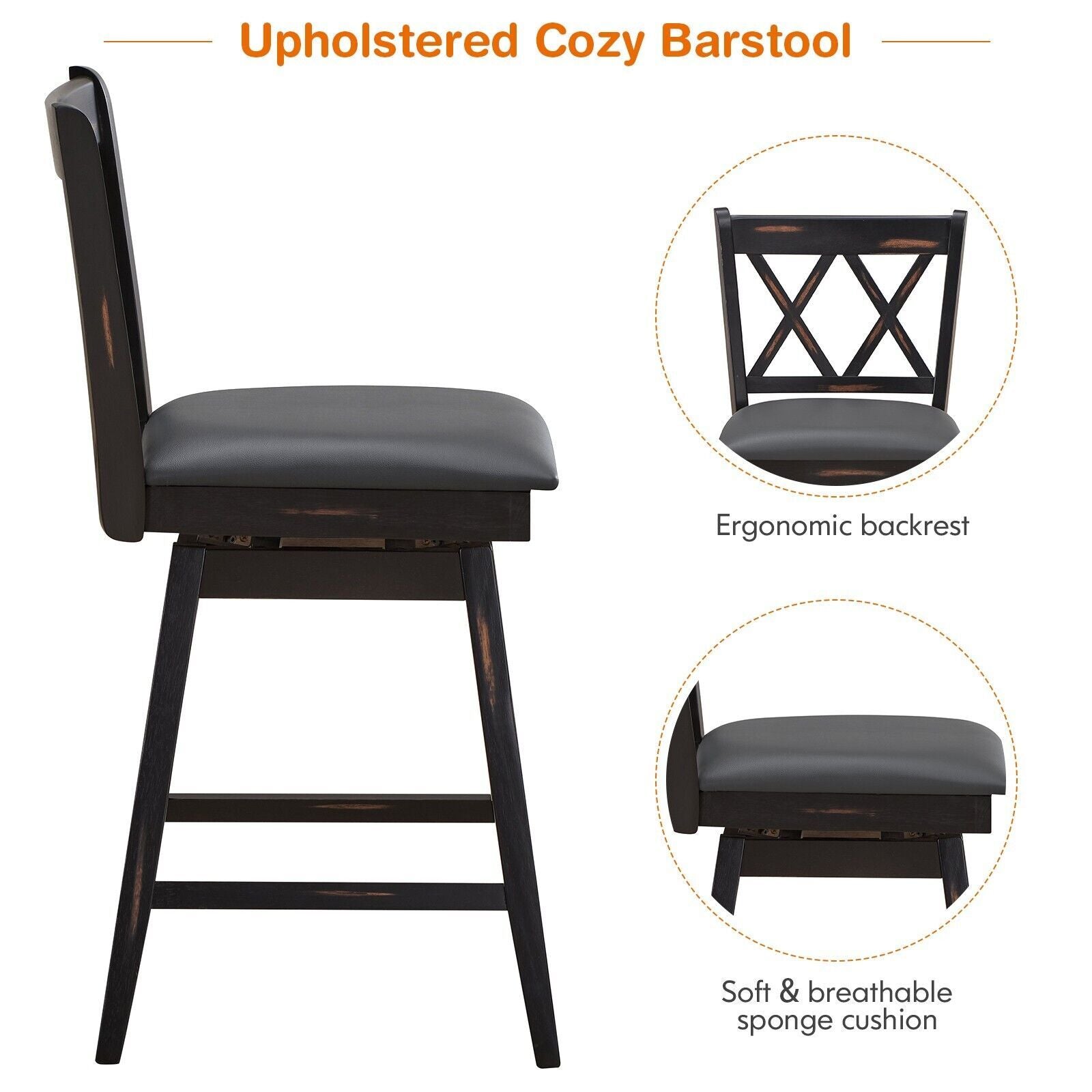 Set of 2 Counter Height Bar Stool with Ergonomic Backrest