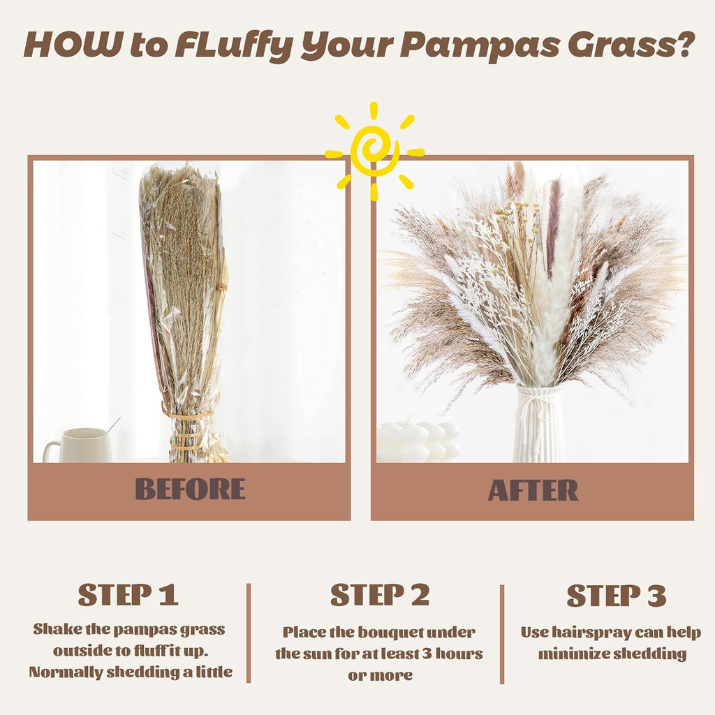 Natural Dried Pampas Grass (UK Company), 65PCS Dried Flowers Fluffy Pampas Grass Bouquet, Artificial Pampas for Wedding Floral Arrangements Boho Home Decor