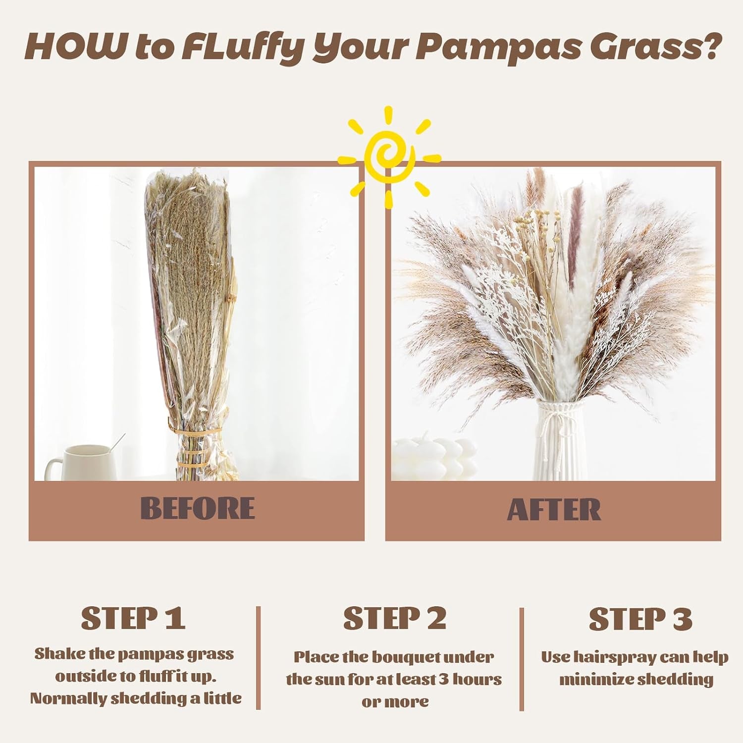 Natural Dried Pampas Grass (UK Company), 65PCS Dried Flowers Fluffy Pampas Grass Bouquet, Artificial Pampas for Wedding Floral Arrangements Boho Home Decor