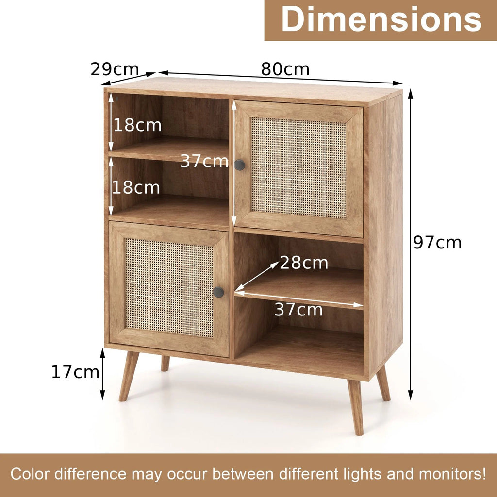 Rattan Sideboard Buffet Cabinet with 4 Cubbies and 2 Rattan-Decorated Doors