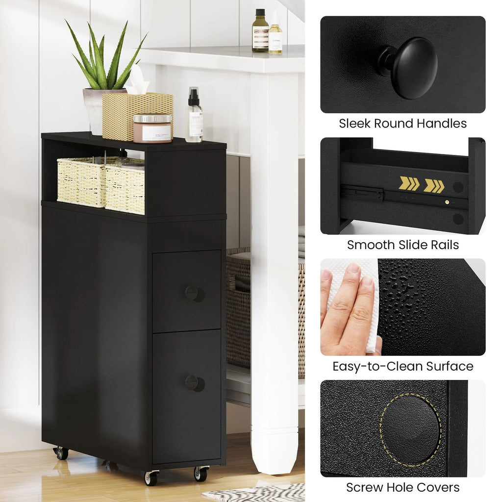 Slim Bathroom Storage Cabinet Movable with 2 Drawers and Baskets