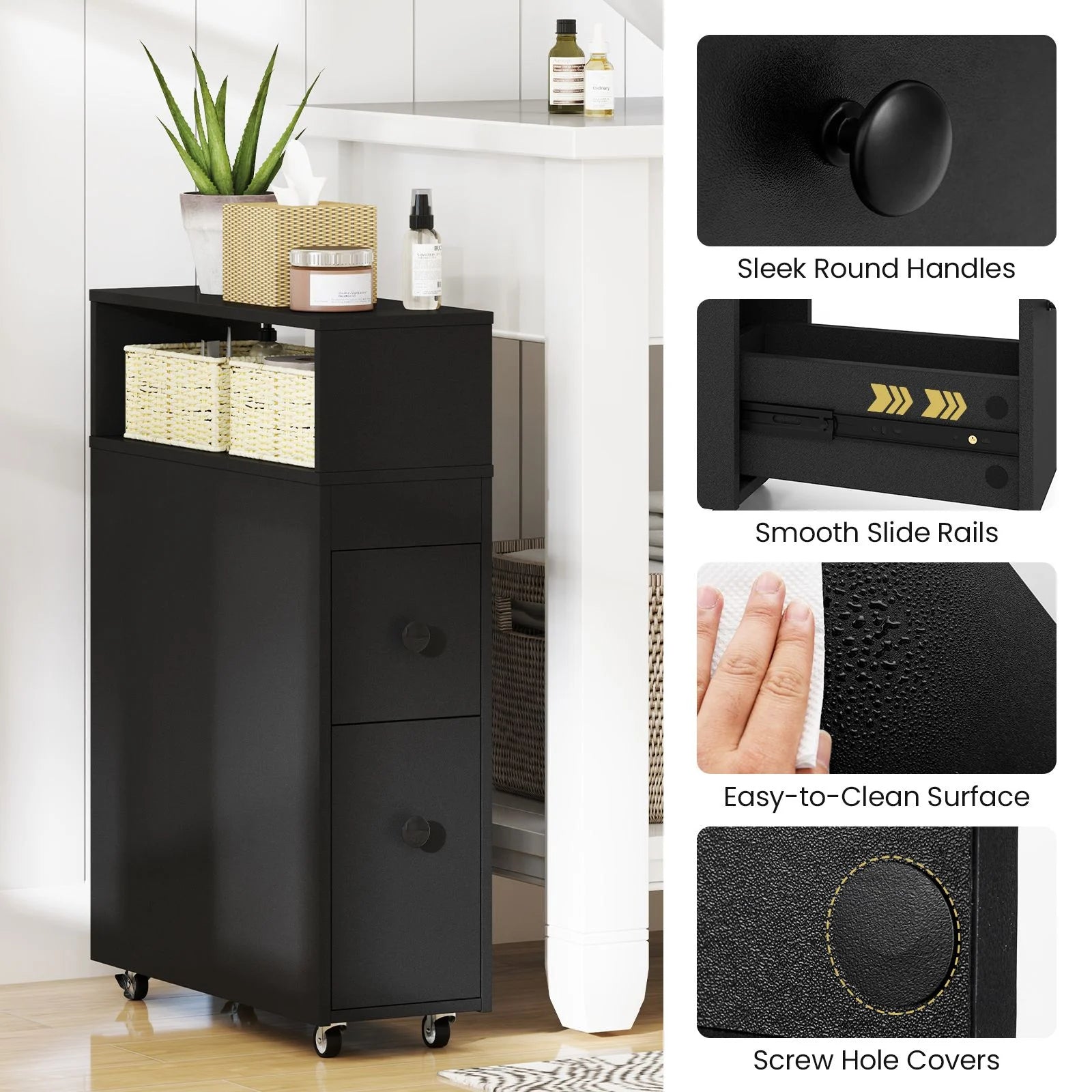 Slim Bathroom Storage Cabinet Movable with 2 Drawers and Baskets