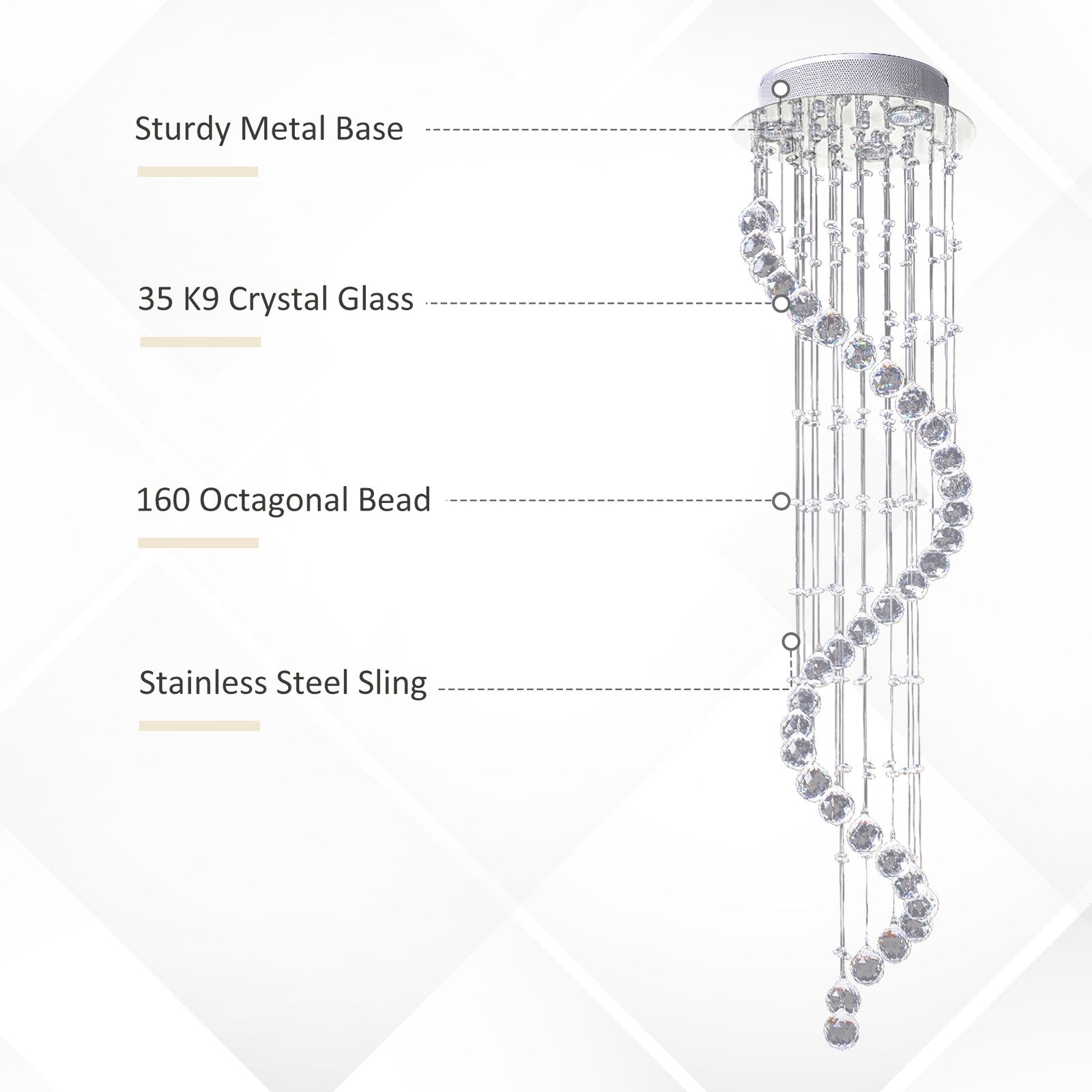HOMCOM Modern Crystal Droplet Ceiling Light Stainless Steel Bedroom Hallway