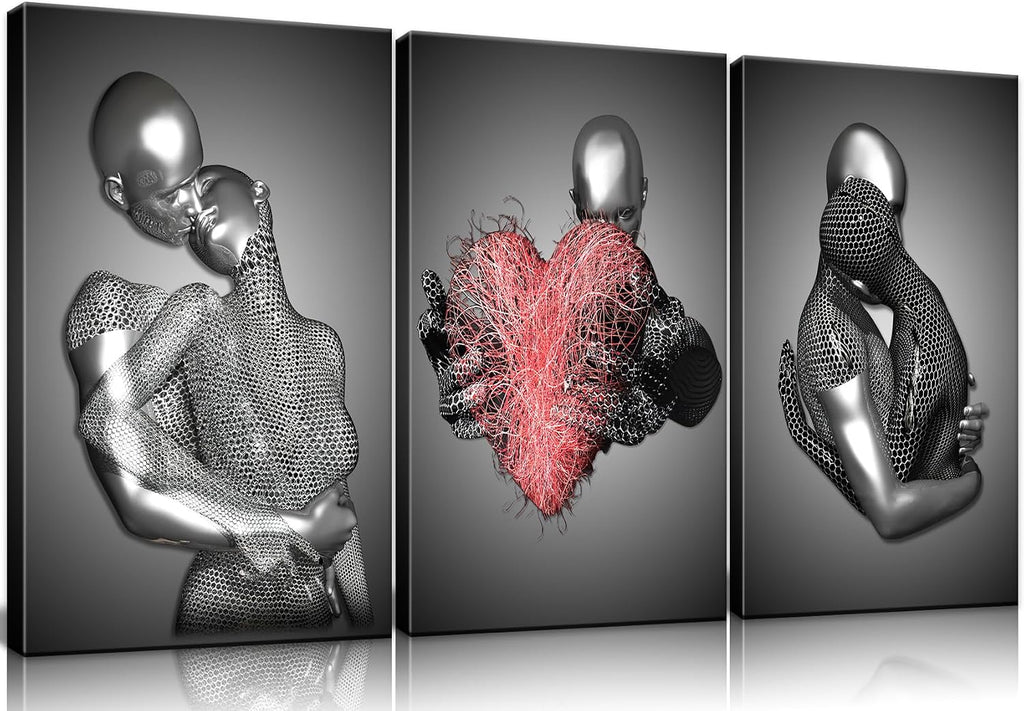 Framed 3 Pcs Love Heart 3D Wall Art Metal Sculpture Romantic Couple Abstract Art Prints Posters Decor Grey Black and White Canvas Printsfor Bedroom Living Room Bathroom Hotel Valentine'S Day Ready To