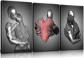 Framed 3 Pcs Love Heart 3D Wall Art Metal Sculpture Romantic Couple Abstract Art Prints Posters Decor Grey Black and White Canvas Printsfor Bedroom Living Room Bathroom Hotel Valentine'S Day Ready To