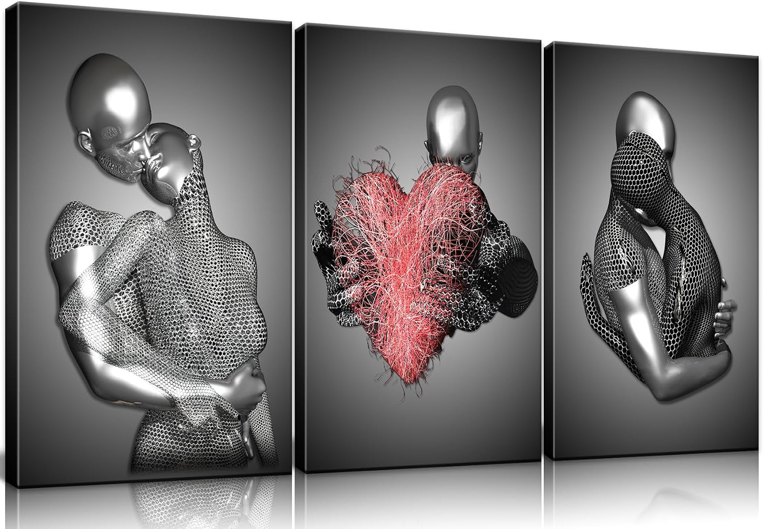 Framed 3 Pcs Love Heart 3D Wall Art Metal Sculpture Romantic Couple Abstract Art Prints Posters Decor Grey Black and White Canvas Printsfor Bedroom Living Room Bathroom Hotel Valentine'S Day Ready To