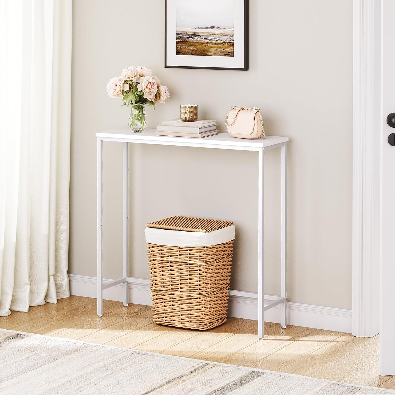 Console Table, Slim Console Table for Hallway, Metal Frame, Compact Display Table, Sofa Table for Small Spaces, Entryway, Living Room, Sturdy, Metal Frame, White EWW75XG01